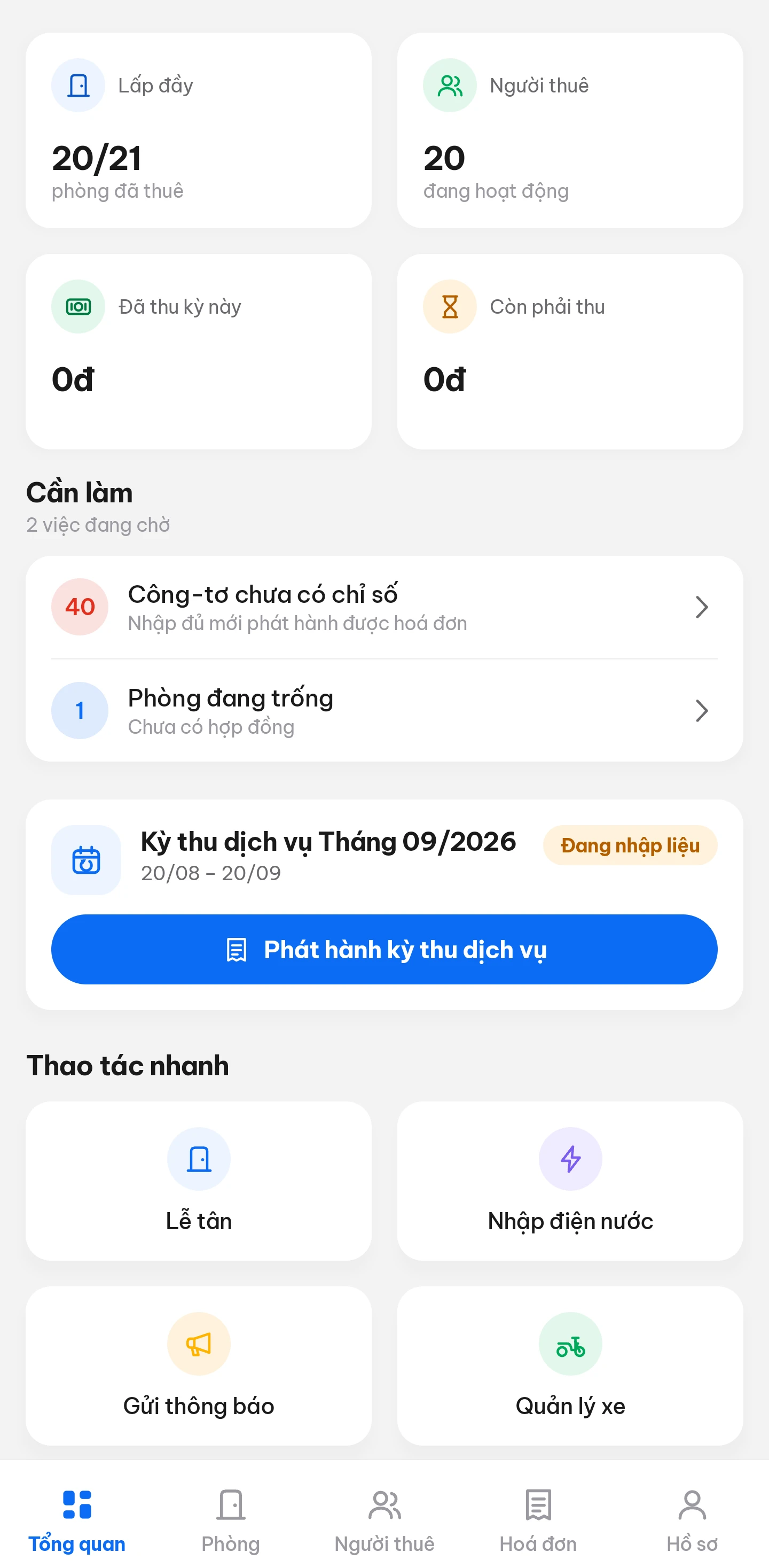 Màn hình tổng quan app Dormly của chủ trọ: tỷ lệ lấp đầy, số người thuê, việc cần làm và kỳ thu tiền