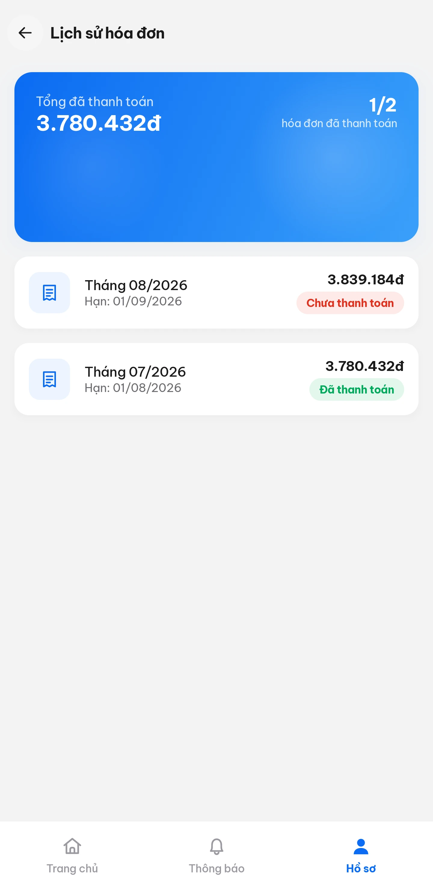 Người thuê · Lịch sử hoá đơn — Từng kỳ một, đã trả hay chưa, tổng đã thanh toán.