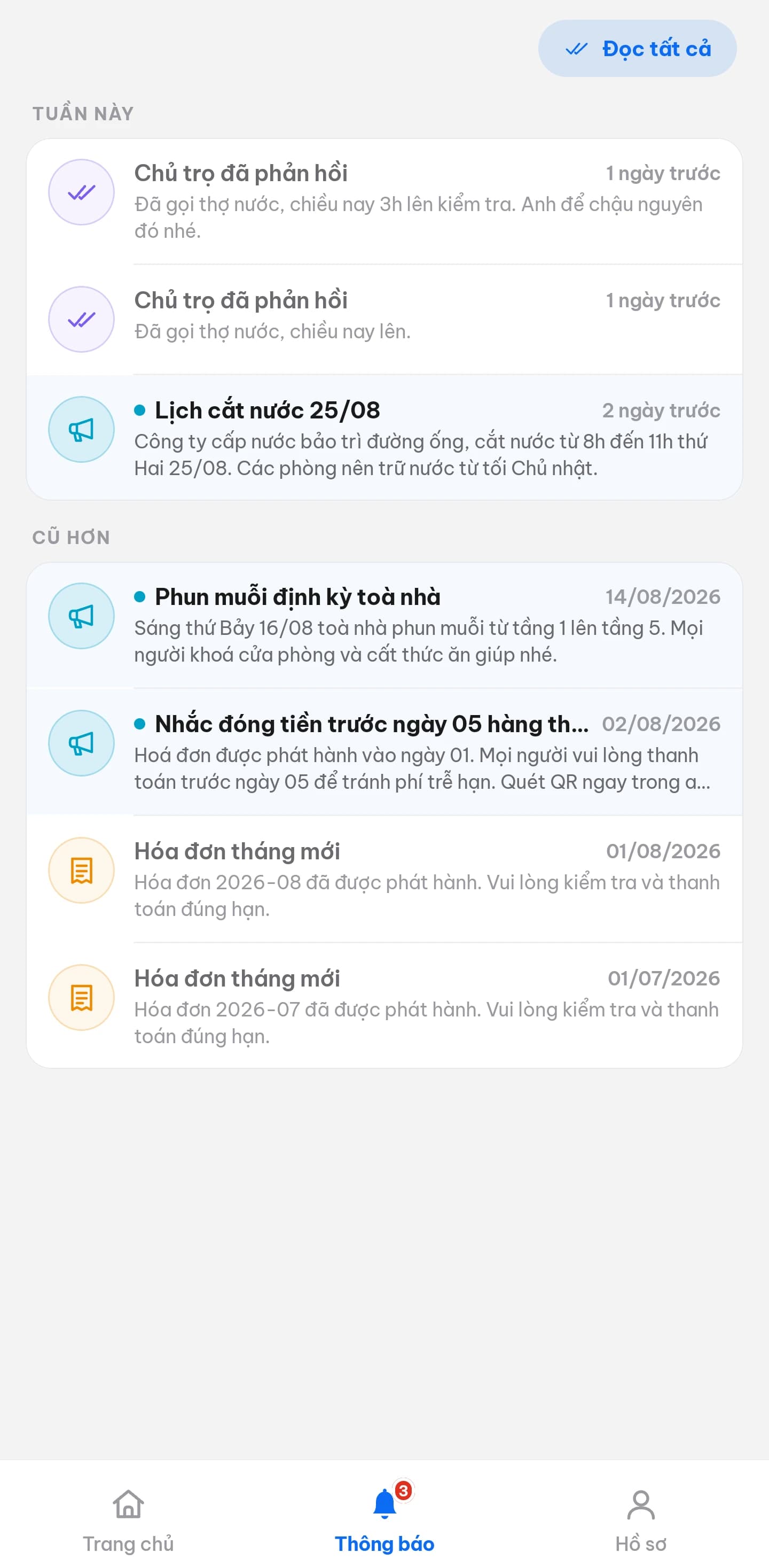 Người thuê · Thông báo — Thông báo của chủ trọ, trả lời phản hồi và nhắc hoá đơn.